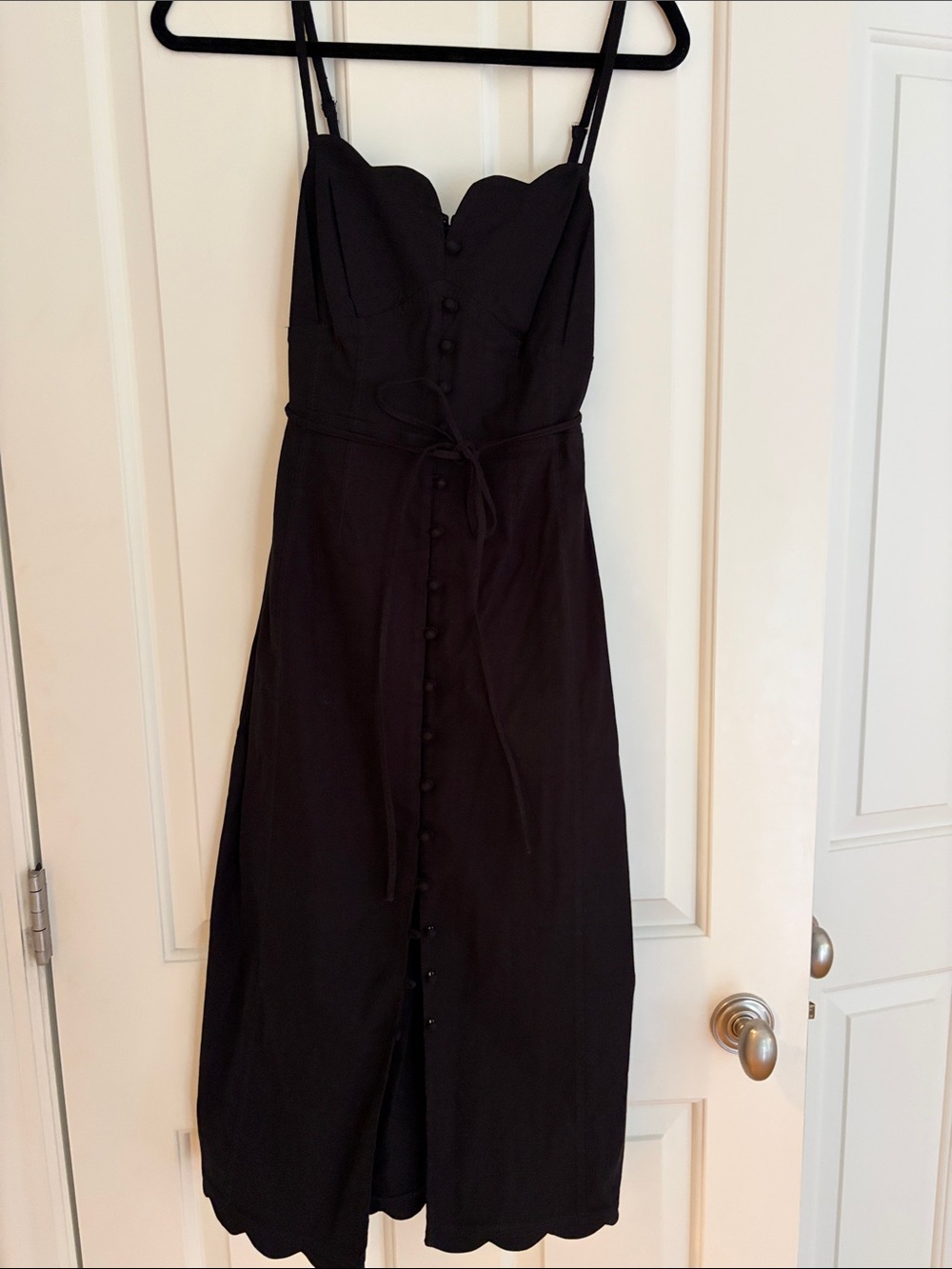 Anthropologie Black Scalloped Sweetheart Midi Dress with Buttons
